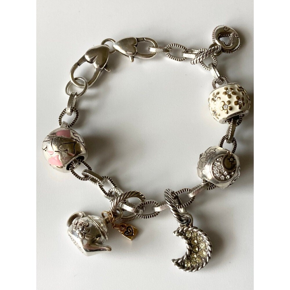 Brighton silver heart flower moon star teapot charm bracelet